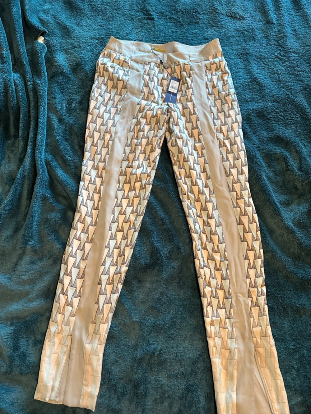Rebecca Minkoff 100% Silk Gray Geometric-Patterned Trousers